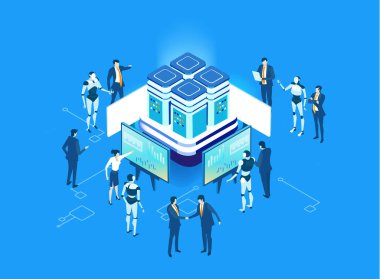 Küresel sunucular ve iş adamlarının çalıştığı ve girdiği yapay zeka geliştirme verileri, dijital dönüşüm, bulut hesaplama, veri yönetimi, otomasyon ve modern teknoloji güdümlü iş operasyonları illüstrasyonu .