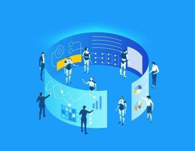 Küresel sunucular ve iş adamlarının çalıştığı ve girdiği yapay zeka geliştirme verileri, dijital dönüşüm, bulut hesaplama, veri yönetimi, otomasyon ve modern teknoloji güdümlü iş operasyonları illüstrasyonu .