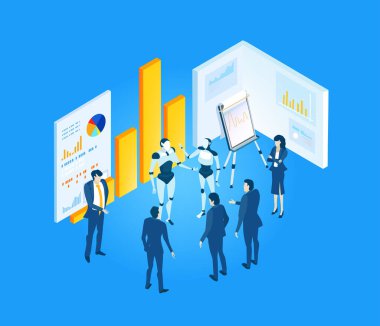 Otomasyon ve robotlar insan işçilerin yerini alıyor, yapay zekayı, teknolojik bozulmayı, işsizlik riskini, dijital dönüşümü ve modern sanayinin geleceğini sembolize ediyor..