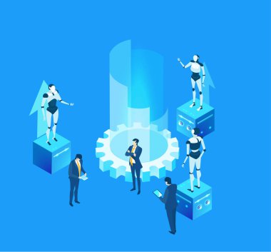 Otomasyon ve robotlar insan işçilerin yerini alıyor, yapay zekayı, teknolojik bozulmayı, işsizlik riskini, dijital dönüşümü ve modern sanayinin geleceğini sembolize ediyor..