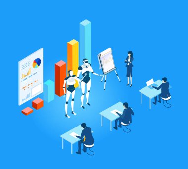 Otomasyon ve robotlar insan işçilerin yerini alıyor, yapay zekayı, teknolojik bozulmayı, işsizlik riskini, dijital dönüşümü ve modern sanayinin geleceğini sembolize ediyor..