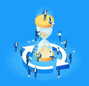 Kum saati etrafında soyut izometrik bir ortamda çalışan iş adamları