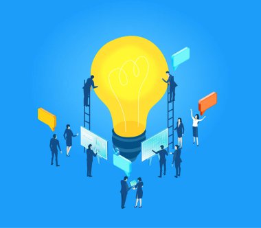 Küresel. Ampulün etrafında çalışan iş adamları. Takım çalışması, kurumsal iletişim, dünya çapında işbirliği ve modern girişim geliştirme.