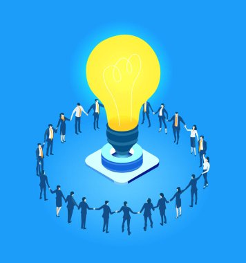 Küresel. Ampulün etrafında çalışan iş adamları. Takım çalışması, kurumsal iletişim, dünya çapında işbirliği ve modern girişim geliştirme.