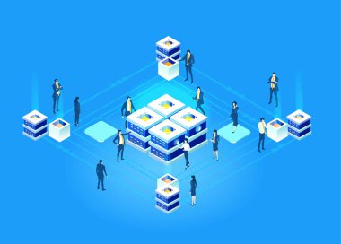 Küresel sunucular ve iş adamlarının çalıştığı ve girdiği yapay zeka geliştirme verileri, dijital dönüşüm, bulut hesaplama, veri yönetimi, otomasyon ve modern teknoloji güdümlü iş operasyonları illüstrasyonu .