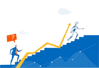 İş adamları ve yapay zeka, robotlar birlikte çalışıyor.