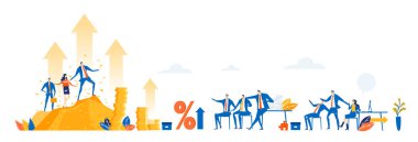 İş adamları yüzde karı ve finansal büyümeyi analiz ediyorlar. Veri analizi, stratejik planlama, gelir artışı, takım çalışması ve kurumsal yönetim illüstrasyonunda mali başarı.