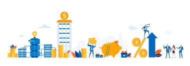 İş adamları yüzde karı ve finansal büyümeyi analiz ediyorlar. Veri analizi, stratejik planlama, gelir artışı, takım çalışması ve kurumsal yönetim illüstrasyonunda mali başarı.