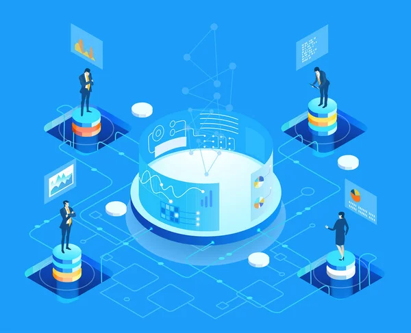 Küresel sunucular ve iş adamlarının çalıştığı ve girdiği yapay zeka geliştirme verileri, dijital dönüşüm, bulut hesaplama, veri yönetimi, otomasyon ve modern teknoloji güdümlü iş operasyonları illüstrasyonu .