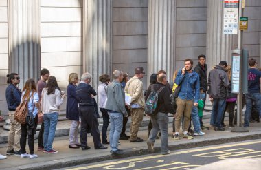 LONDON UK - SEPTEMBER 19, 2015: Queue on the Bank street. People waiting to see Bank of England in open day event