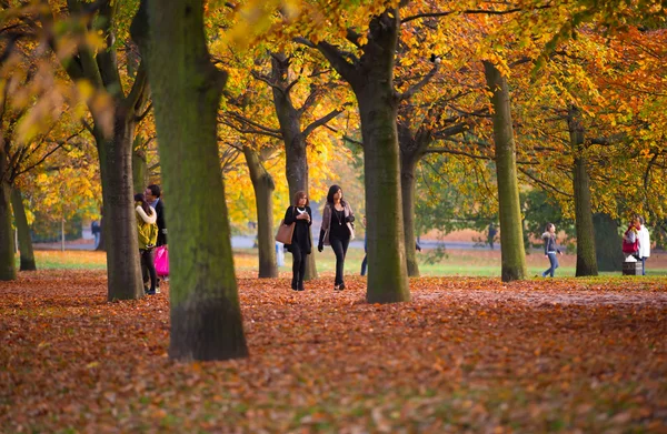 Autumn in London park, people and families walking and enjoying the weather — Stock Photo, Image