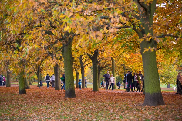 Φθινόπωρο στο Πάρκο Λονδίνου, άτομα και οικογένειες περπατώντας και να απολαύσετε τις καιρικές συνθήκες — Φωτογραφία Αρχείου