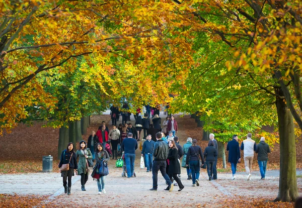 Autumn in London park, people and families walking and enjoying the weather — Stock Photo, Image