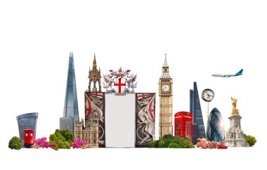 Londra. Turistik ve iş kolaj, beyaz arka plan karşı Londra'nın ünlü binalar