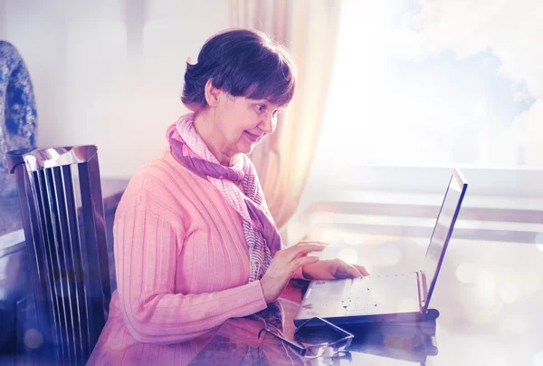 Ältere, gut aussehende Frau, die am Laptop arbeitet. Porträt im heimischen Interieur — Stockfoto
