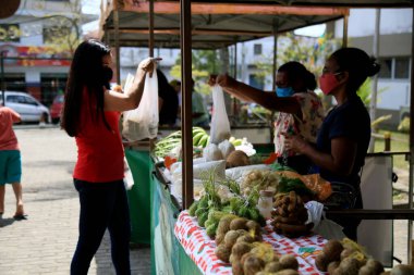 Mata de Sao Joao, Bahia, Brezilya - 30 Eylül 2020: İnsanlar Mata de Sao Joao şehrindeki bir açık pazarda organik ürünlerin yanında görülürler..