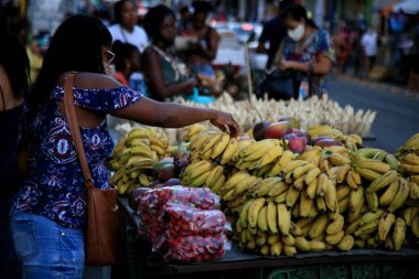 Salvador, Bahia, Brezilya 2 Aralık 2020: Salvador 'daki bir meyve pazarında muz meyvesi satışı.