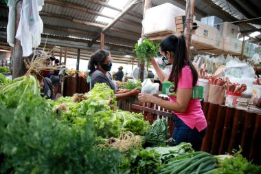 Mata de Sao Joao, Bahia, Brezilya - 31 Ekim 2020: müşteriler Mata de Sao Joao şehrindeki açık pazarda alışveriş yaparken görülürler. * * * Yerel altyazı * *