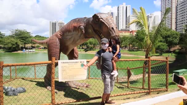 2021年1月6日 人々はサルバドールのラゴア シュノザロス公園への訪問中に見られます 恐竜の実物大のレプリカが展示されています — ストック動画