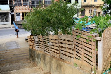 Salvador, Bahia, Brezilya - 8 Ocak 2021: Salvador 'daki Cabula mahallesinde ahşap paletten yapılmış karkas görüldü..