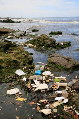 Salvador, Bahia, Brezilya - 11 Ocak 2021: Salvador kentindeki Costa Azul plajında kirlilik ve çöp. Malzeme Rio Camurugipe kanalına boşaltılıyor ve denize dökülüyor..
