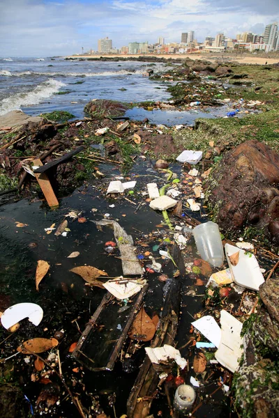 Salvador Bahia Brasilien Januar 2021 Umweltverschmutzung Und Müll Strand Der — Stockfoto