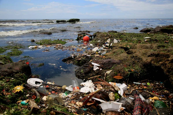 Salvador Bahia Brasil Janeiro 2021 Poluição Lixo Praia Costa Azul — Fotografia de Stock