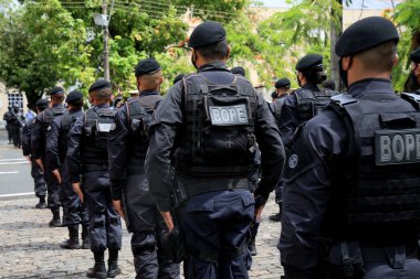 Salvador, Bahia, Brezilya - 13 Ocak 2021: Özel Harekat Taburu üyesi - Bahia Askeri Polisi Bope, Salvador 'daki Vila Militar' da düzen içinde görüldü..