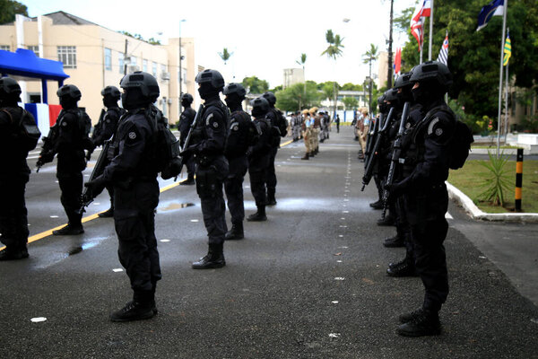 salvador, bahia, brazil - January 13, 2021: member of the Battalion of Special Operations - Bope, of the Bahia Military Police, are seen in formation at Vila Militar in the city of Salvador.