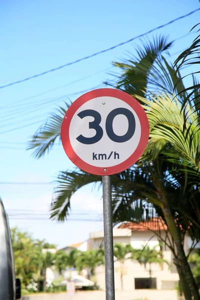 Salvador Bahia Brasil Enero 2021 Límite Velocidad Señal Tráfico Kilómetros — Foto de Stock