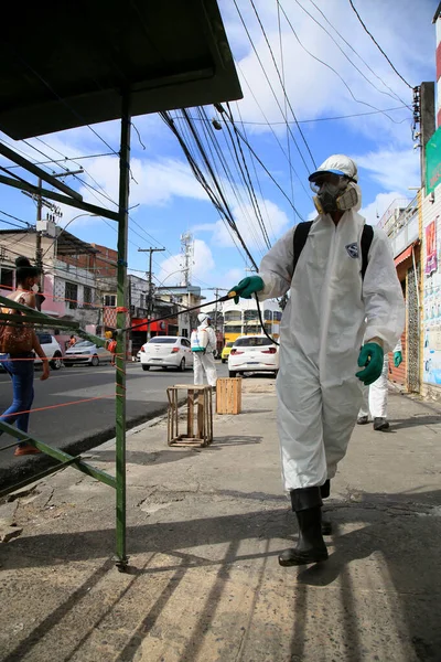Salvador Bahia Brasilien Januar 2021 Reinigungsmittel Führt Straßendesinfektion Gegen Das — Stockfoto
