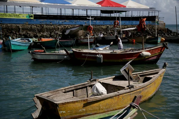 Salvador Bahia Brasil Junho 2021 Barcos Pesqueiros São Vistos Atracados — Fotografia de Stock