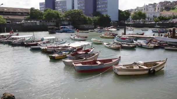 Salvador Bahia Brasil Junho 2020 Barcos Pesca São Vistos Ancorados — Vídeo de Stock