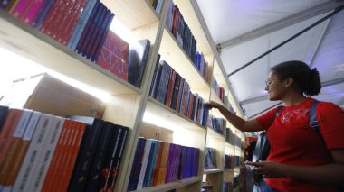 Şelale, Bahia, Brezilya - 23 Ekim 2025: Bir kişi Bahia 'daki Cachoeira Edebiyat Fuarı Flica' da bir kitap sergisinde toplandı.