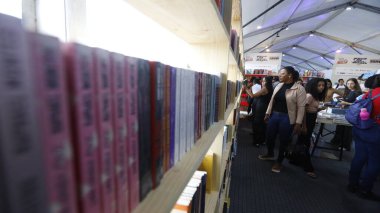 Şelale, Bahia, Brezilya - 23 Ekim 2025: Bir kişi Bahia 'daki Cachoeira Edebiyat Fuarı Flica' da bir kitap sergisinde toplandı.