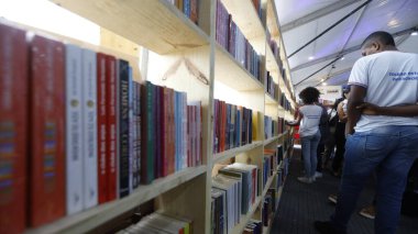 Şelale, Bahia, Brezilya - 23 Ekim 2025: Bir kişi Bahia 'daki Cachoeira Edebiyat Fuarı Flica' da bir kitap sergisinde toplandı.