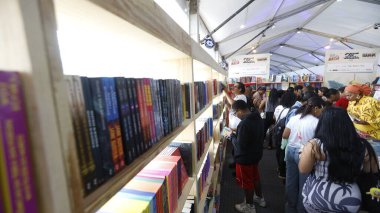 Şelale, Bahia, Brezilya - 23 Ekim 2025: Bir kişi Bahia 'daki Cachoeira Edebiyat Fuarı Flica' da bir kitap sergisinde toplandı.