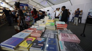 Şelale, Bahia, Brezilya - 23 Ekim 2025: Bir kişi Bahia 'daki Cachoeira Edebiyat Fuarı Flica' da bir kitap sergisinde toplandı.