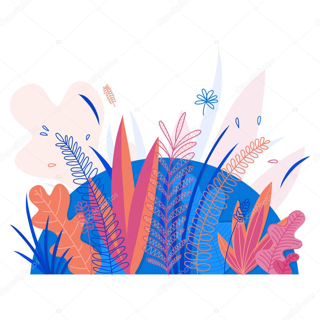 Floral illustration with blue, pink and orange. Vector art background design.