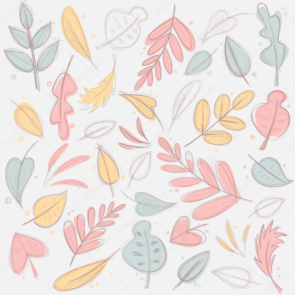 Autumn leaves compilation. Floral coloful background. Hand drawn sketch.