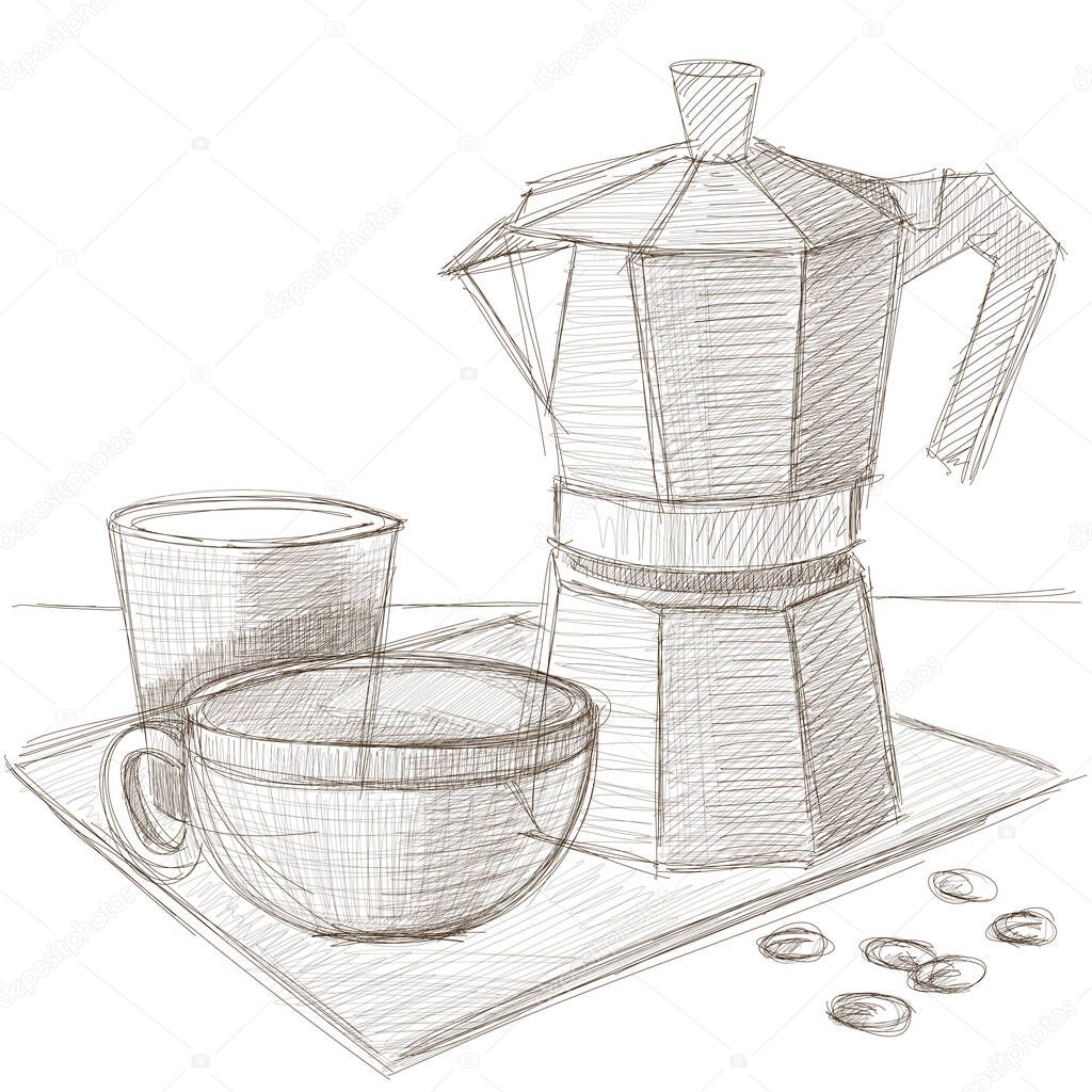 Old style vintage coffee pot with cup and milk. Sketch style hand drawn vector illustration.