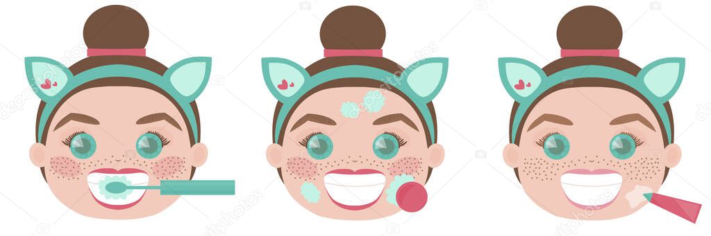 Activities to do before going to sleep. Teeth washing, make up removing, cream face care. Funny vector illustration.