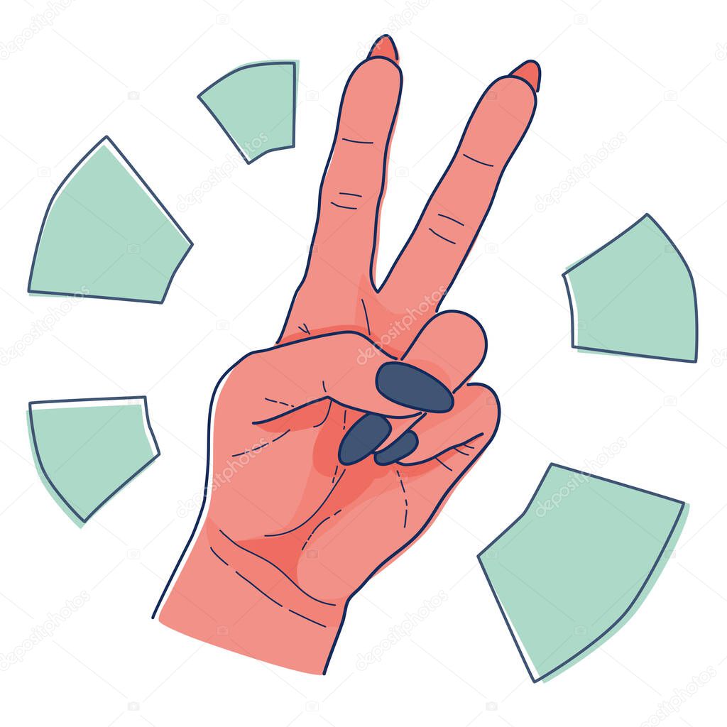 Simple hand illustration with fingers showing ok, two fingers sign.