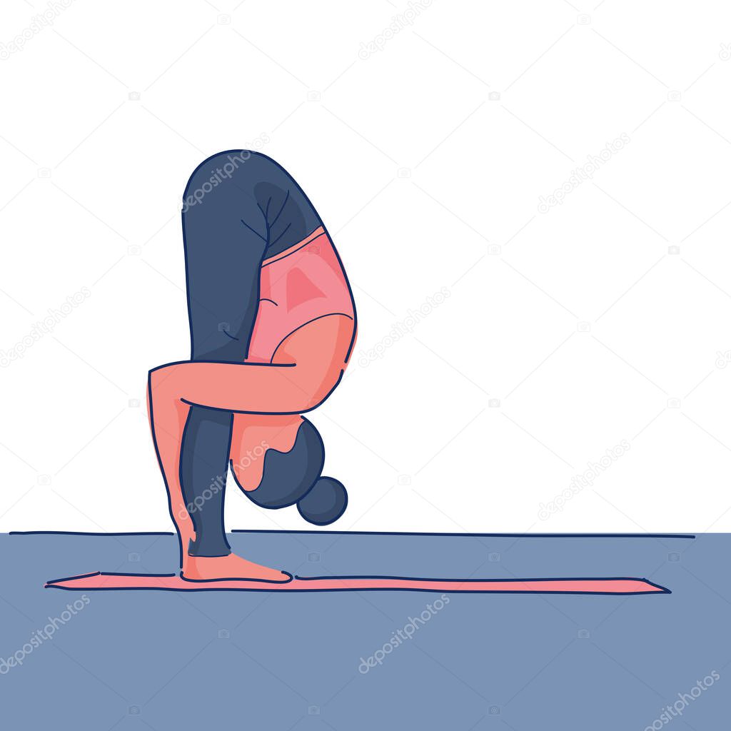 Young girl doing yoga excercises, forward fold pose, forward bends, fall. Standing joga excercise on a mat.