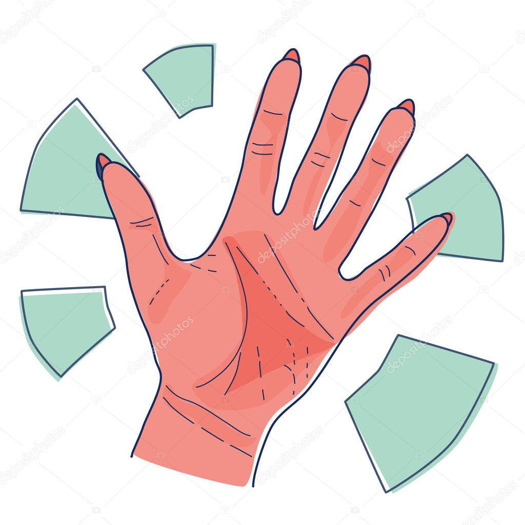 Simple hand illustration with fingers showing waving sign, open palm.