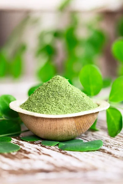 Moringa Powder Moringa Oleifera Coconut Bowl Original Fresh Moringa Leaves — Stock Photo, Image