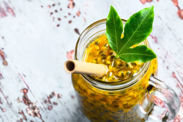 Passion Fruit Glass Jar Grey Wooden Table Close Top View — Stock Photo, Image