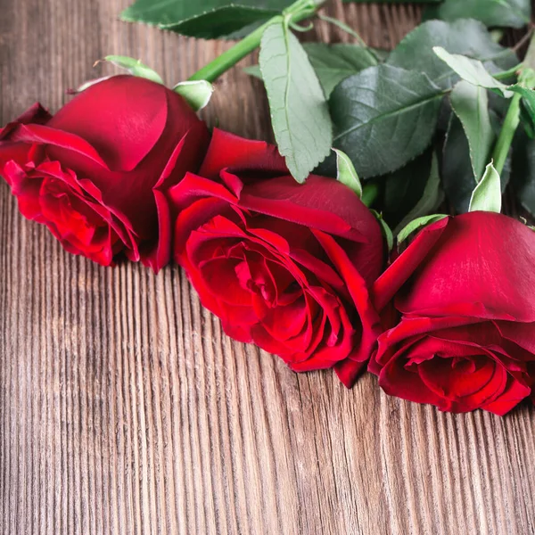 Três Rosas Vermelhas Fundo Madeira Com Copyspace Amor Romance Aniversário — Fotografia de Stock