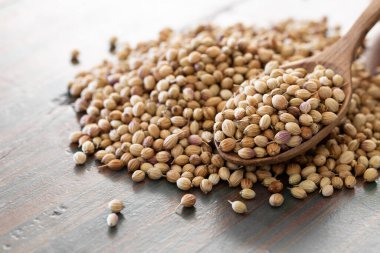 Kurutulmuş kişniş tohumları (Coriandrum sativum) kırsal arka planda. Sağlıklı beslenme, Hint baharatı, lezzet.