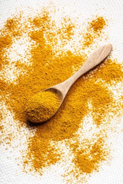 Beyaz seramik arka planda tahta kaşıkta zerdeçal tozu. Baharat, doğal renk, alternatif tıp.